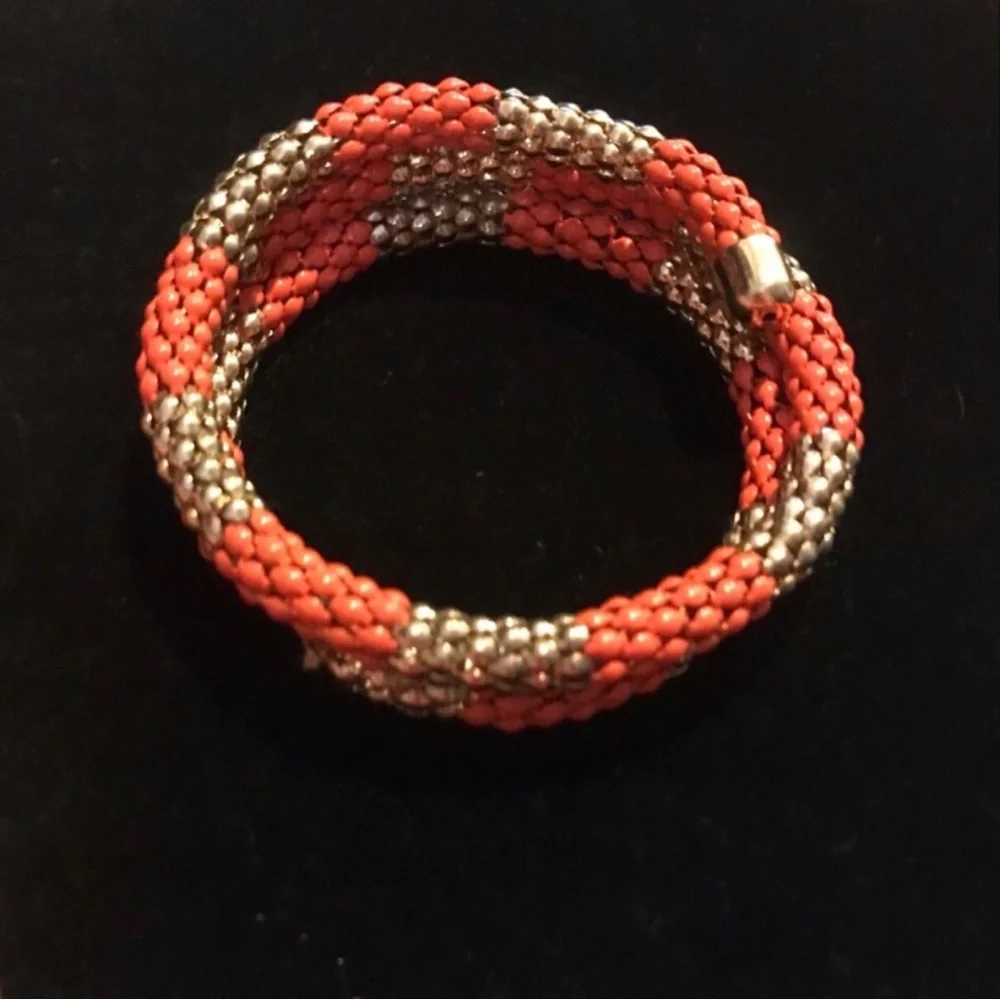 Coral and Gold Beaded Rope Bracelet